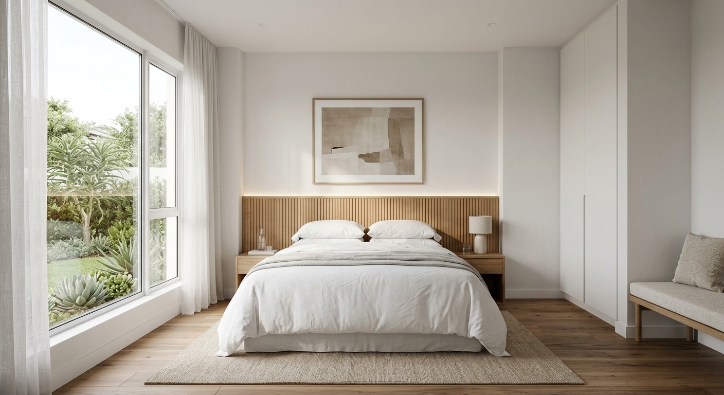 A calm, modern bedroom