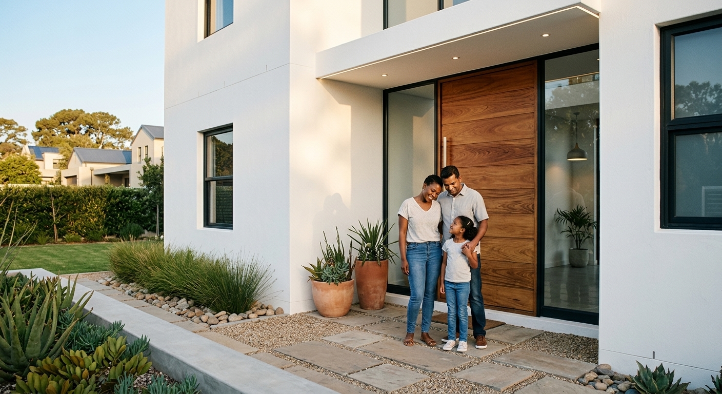 A family at the entrance of a modern home