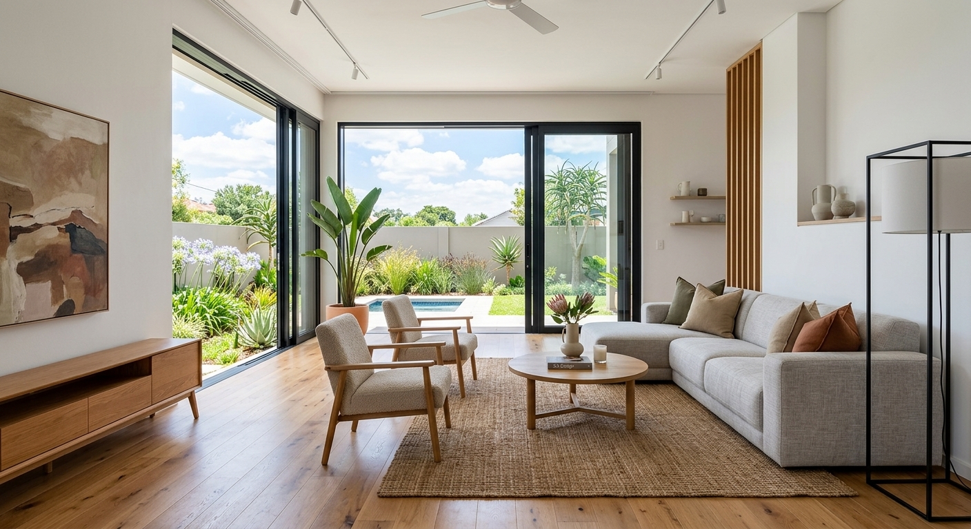 A warm, light-filled modern living room